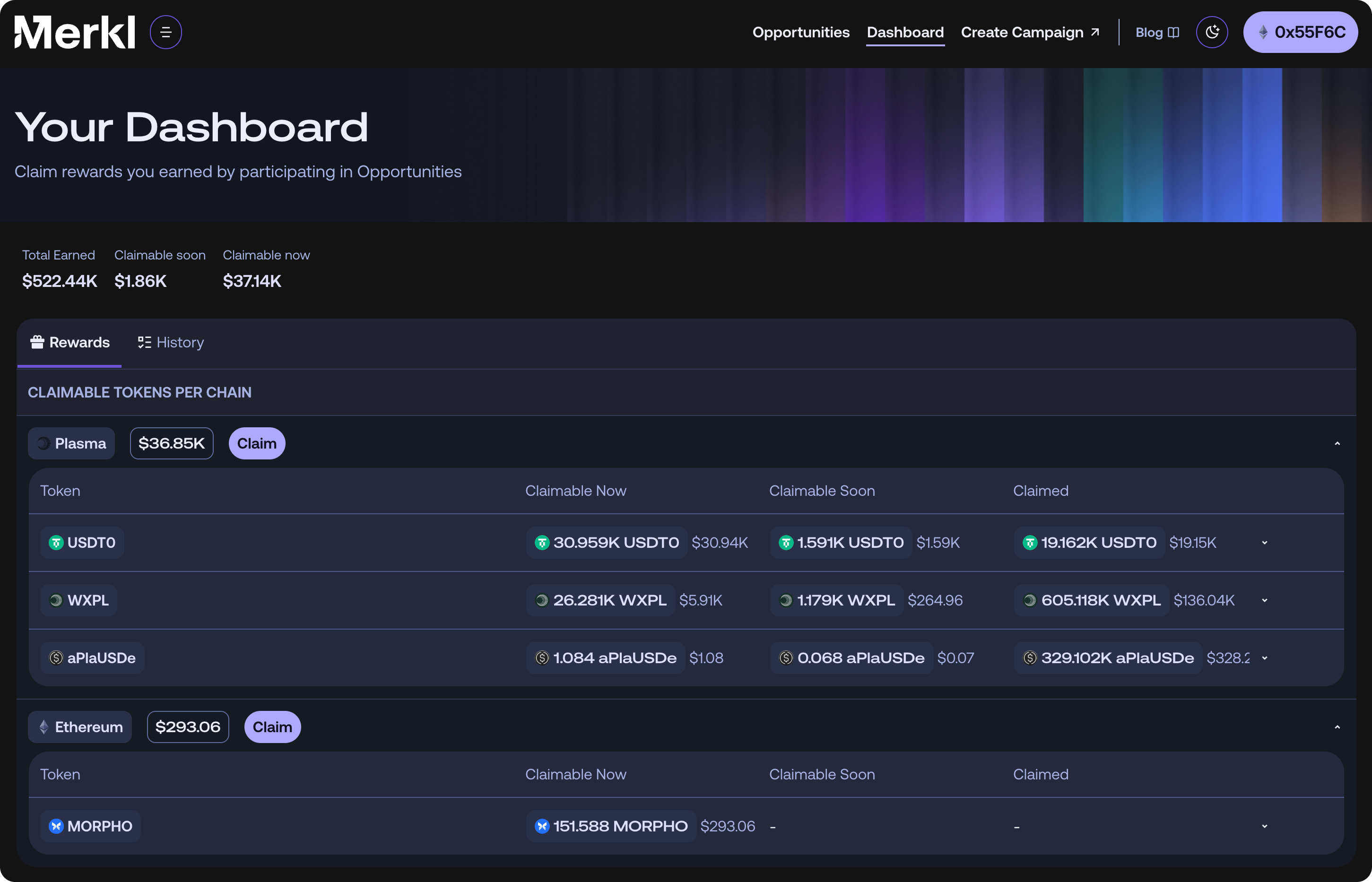 User dashboard in the Merkl App