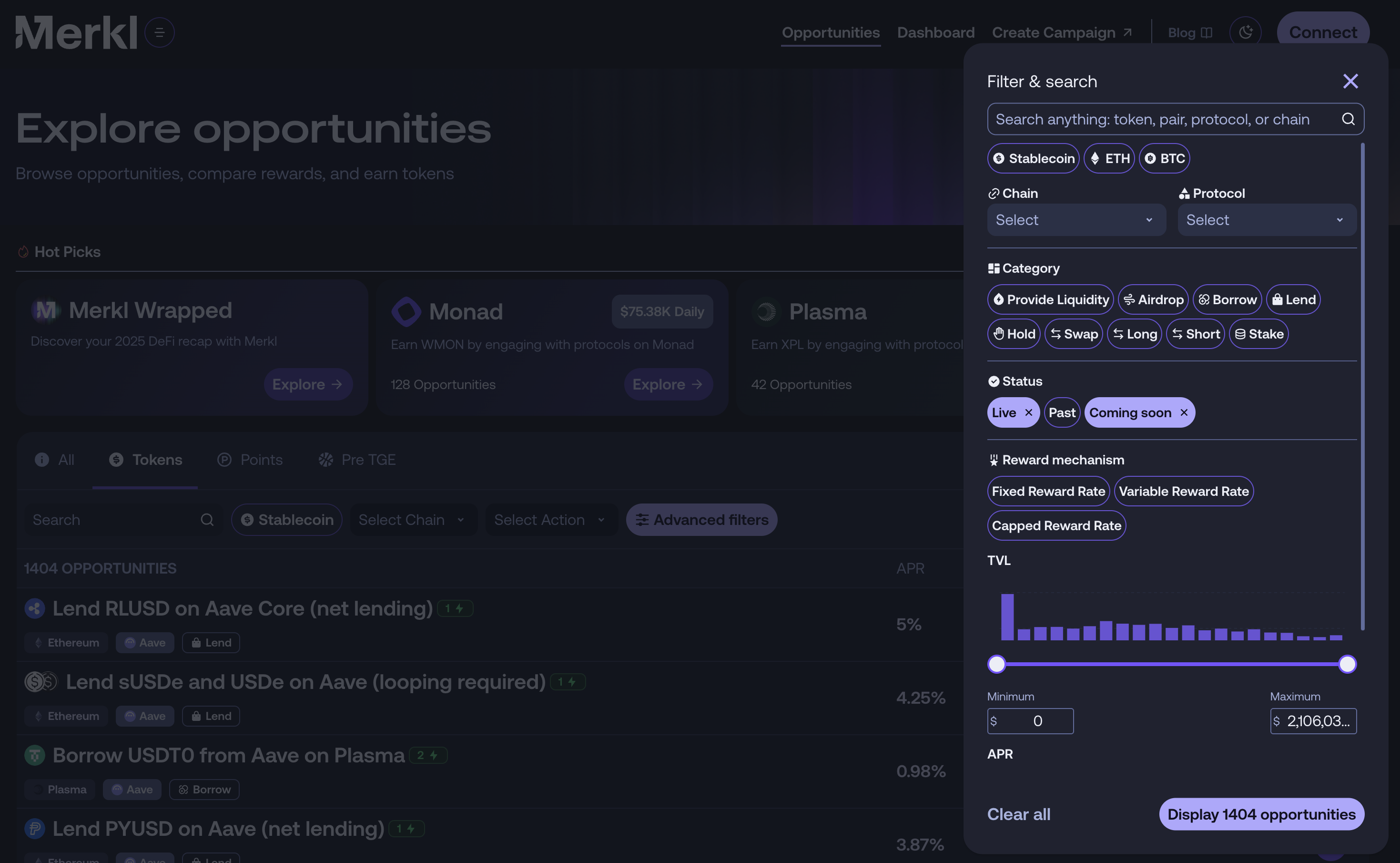 Merkl App Opportunities filters