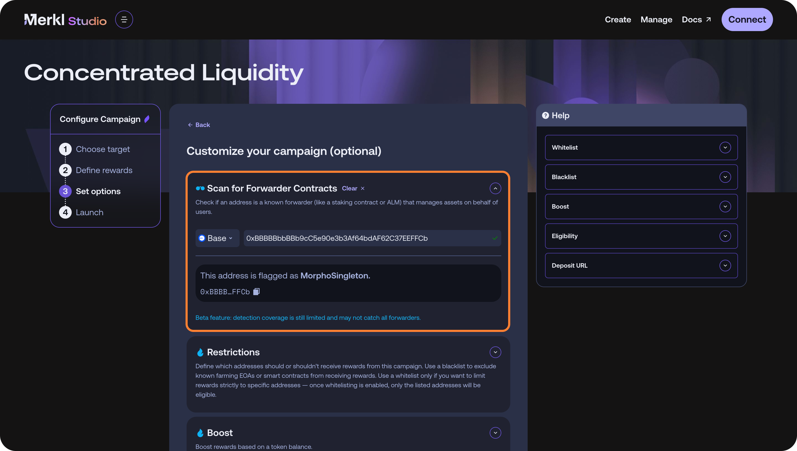 Check if reward forwarding applies to a specific contract address in Merkl Studio