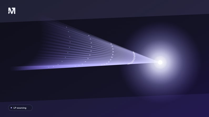 Abstract visualization of liquidity providers converging onchain toward a single point of opportunity, illustrating LP sourcing through a marketplace